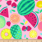 Tropical fruit toss print caribe pink watermelon pineapple strawberry lemon quilting fabric girls quilts kids summer sewing