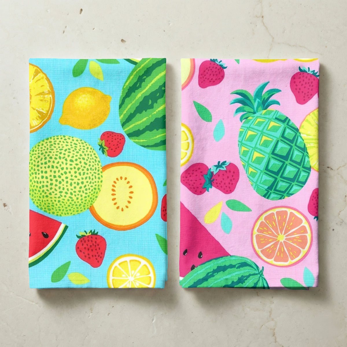 Tropical fruit toss quilting fabric aqua and pink colourways folded fabric pieces summer napkins table linen sewing project