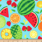 Tropical fruit toss print aqua watermelon pineapple strawberry lemon orange quilting fabric girls quilts kids summer sewing
