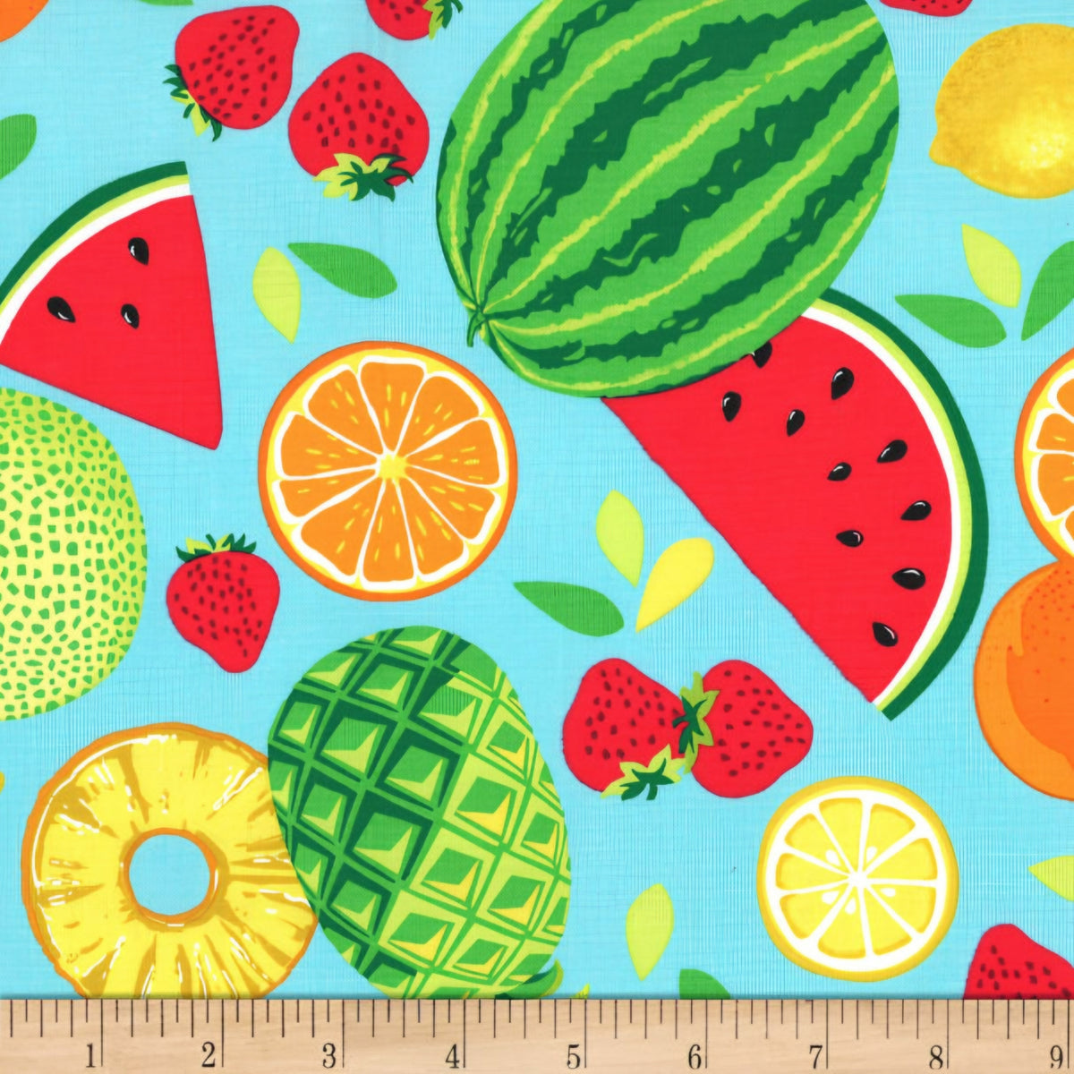 Tropical fruit toss print aqua watermelon pineapple strawberry lemon orange quilting fabric girls quilts kids summer sewing
