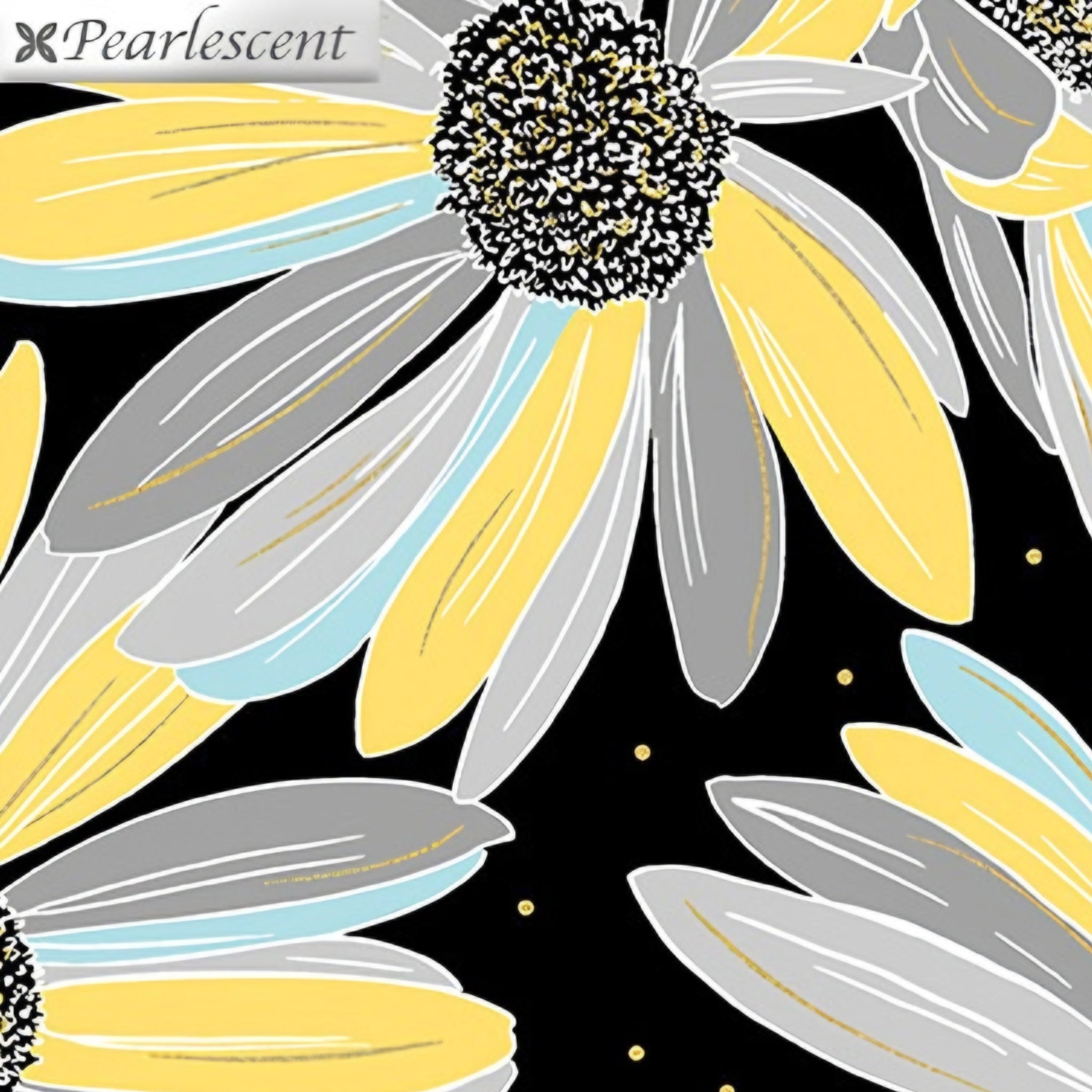 Oversized daisy yellow grey aqua black pearlescent fabric for elegant quilts cushion covers table runners and tote bags