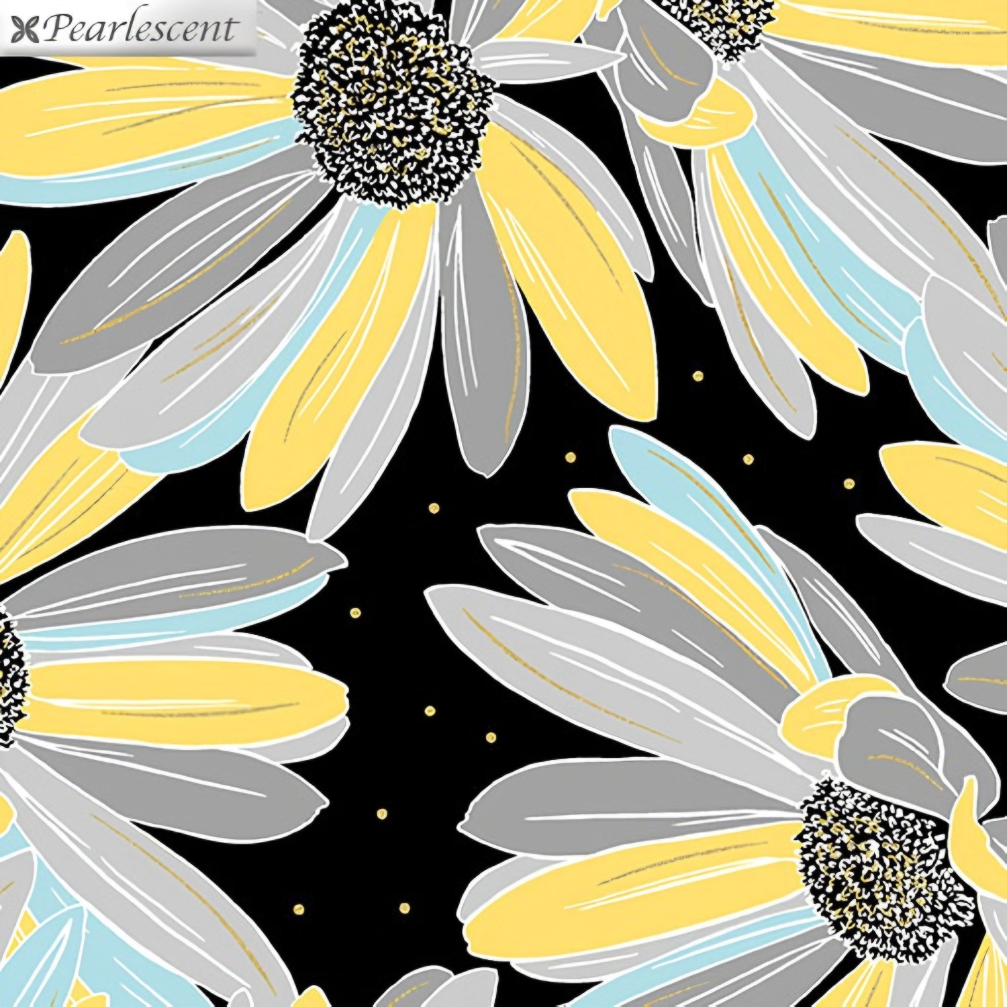 Oversized daisy yellow grey aqua black pearlescent fabric for elegant quilts cushion covers table runners and tote bags