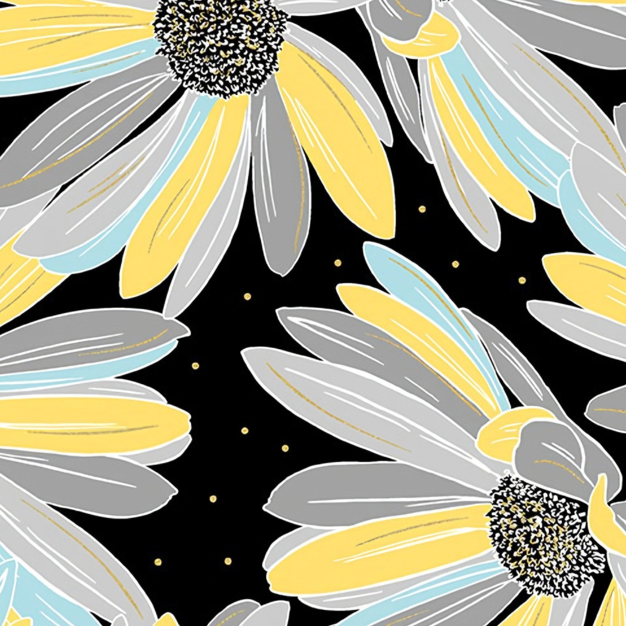 Oversized daisy yellow grey aqua black pearlescent fabric for elegant quilts cushion covers table runners and tote bags