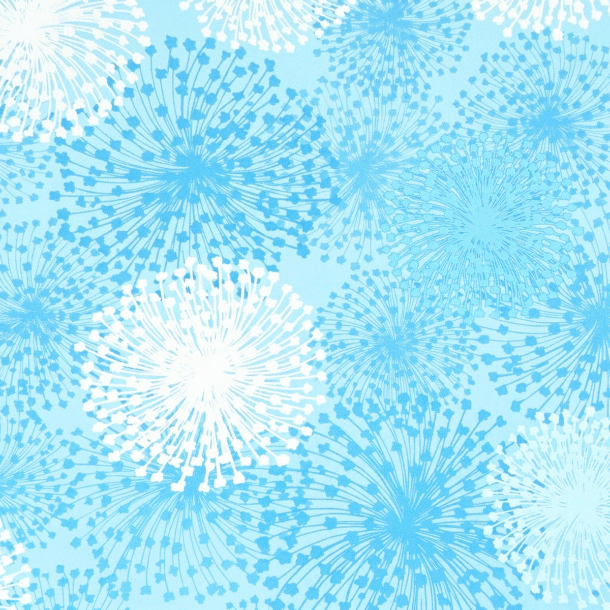 Pearlescent white turquoise dandelion seed heads aqua background fabric for elegant quilts cushion covers tote bags jacket linings and vests