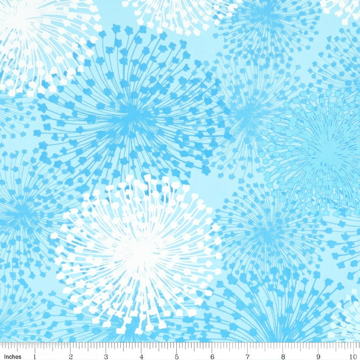 Pearlescent white turquoise dandelion seed heads aqua background fabric for elegant quilts cushion covers tote bags jacket linings and vests
