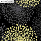 Pearlescent gold dandelion seed heads grey shadows black background fabric for elegant quilts cushion covers tote bags jacket linings and vests