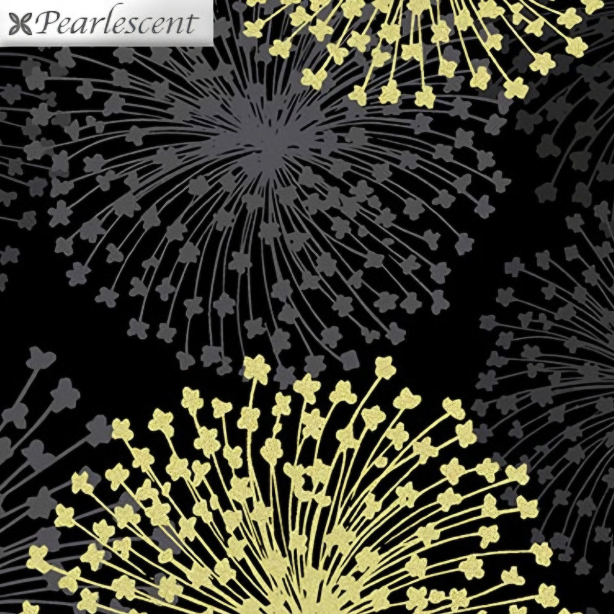 Pearlescent gold dandelion seed heads grey shadows black background fabric for elegant quilts cushion covers tote bags jacket linings and vests