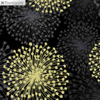 Pearlescent gold dandelion seed heads grey shadows black background fabric for elegant quilts cushion covers tote bags jacket linings and vests