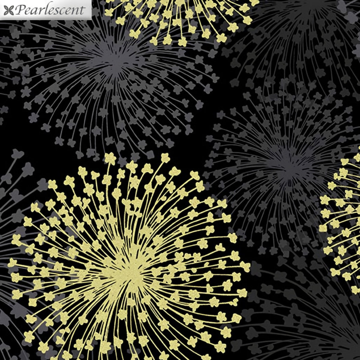 Pearlescent gold dandelion seed heads grey shadows black background fabric for elegant quilts cushion covers tote bags jacket linings and vests
