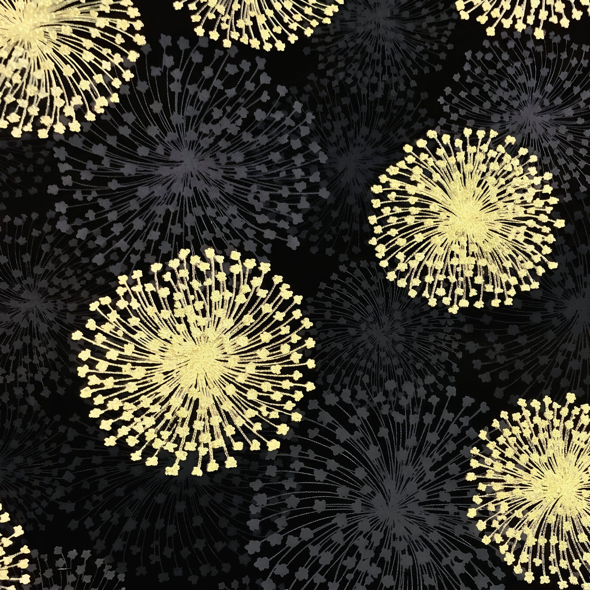 Pearlescent gold dandelion seed heads grey shadows black background fabric for elegant quilts cushion covers tote bags jacket linings and vests