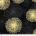 Pearlescent gold dandelion seed heads grey shadows black background fabric for elegant quilts cushion covers tote bags jacket linings and vests