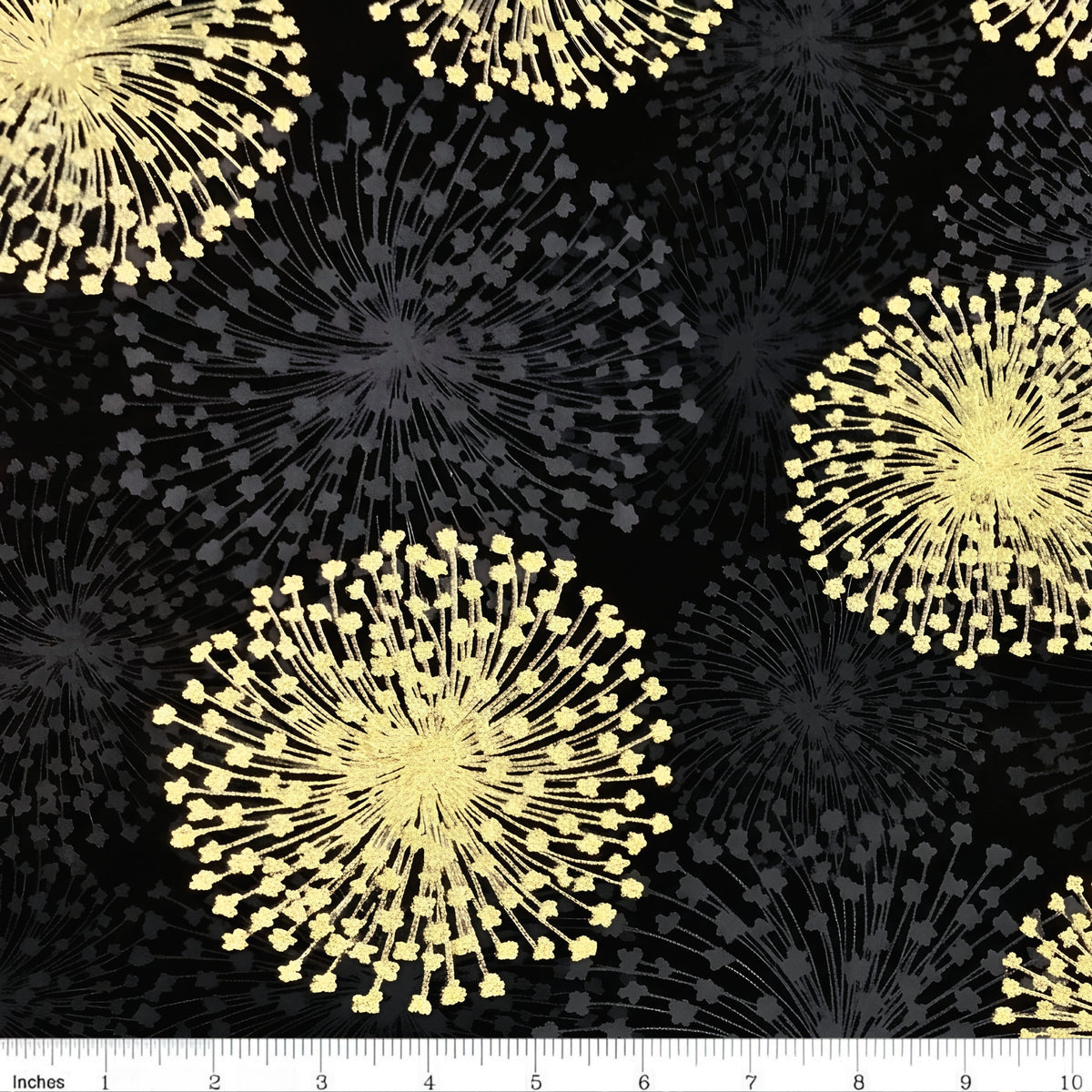Pearlescent gold dandelion seed heads grey shadows black background fabric for elegant quilts cushion covers tote bags jacket linings and vests