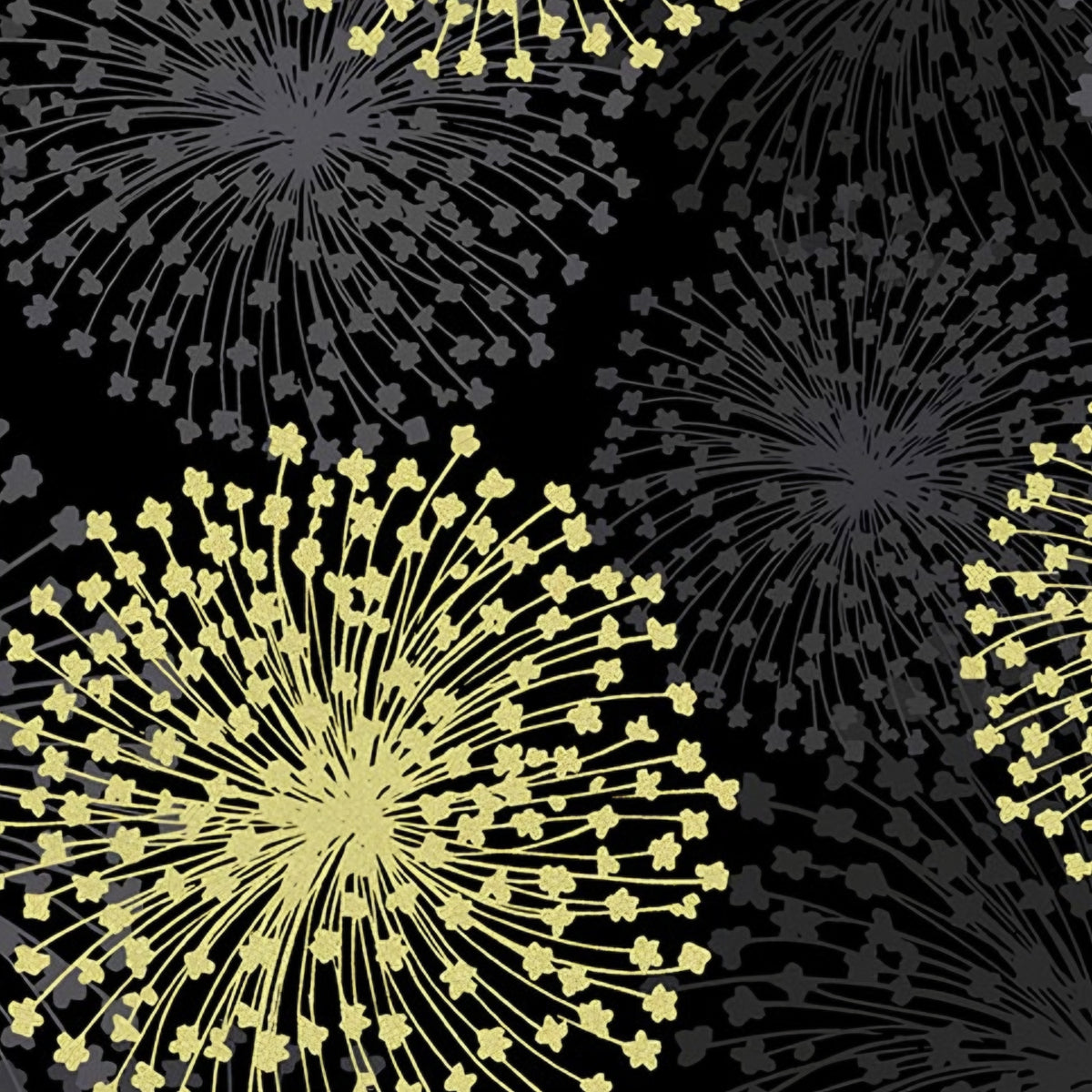 Pearlescent gold dandelion seed heads grey shadows black background fabric for elegant quilts cushion covers tote bags jacket linings and vests