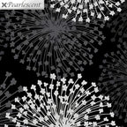 Pearlescent silver dandelion seed heads grey shadows black background fabric for elegant quilts cushion covers tote bags jacket linings and vests