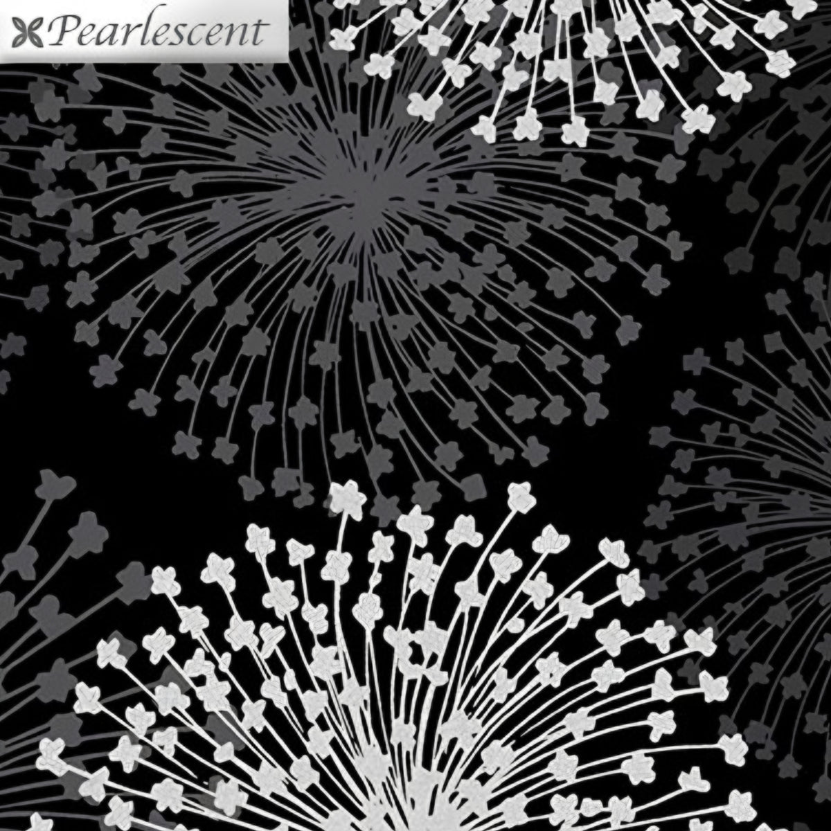 Pearlescent silver dandelion seed heads grey shadows black background fabric for elegant quilts cushion covers tote bags jacket linings and vests