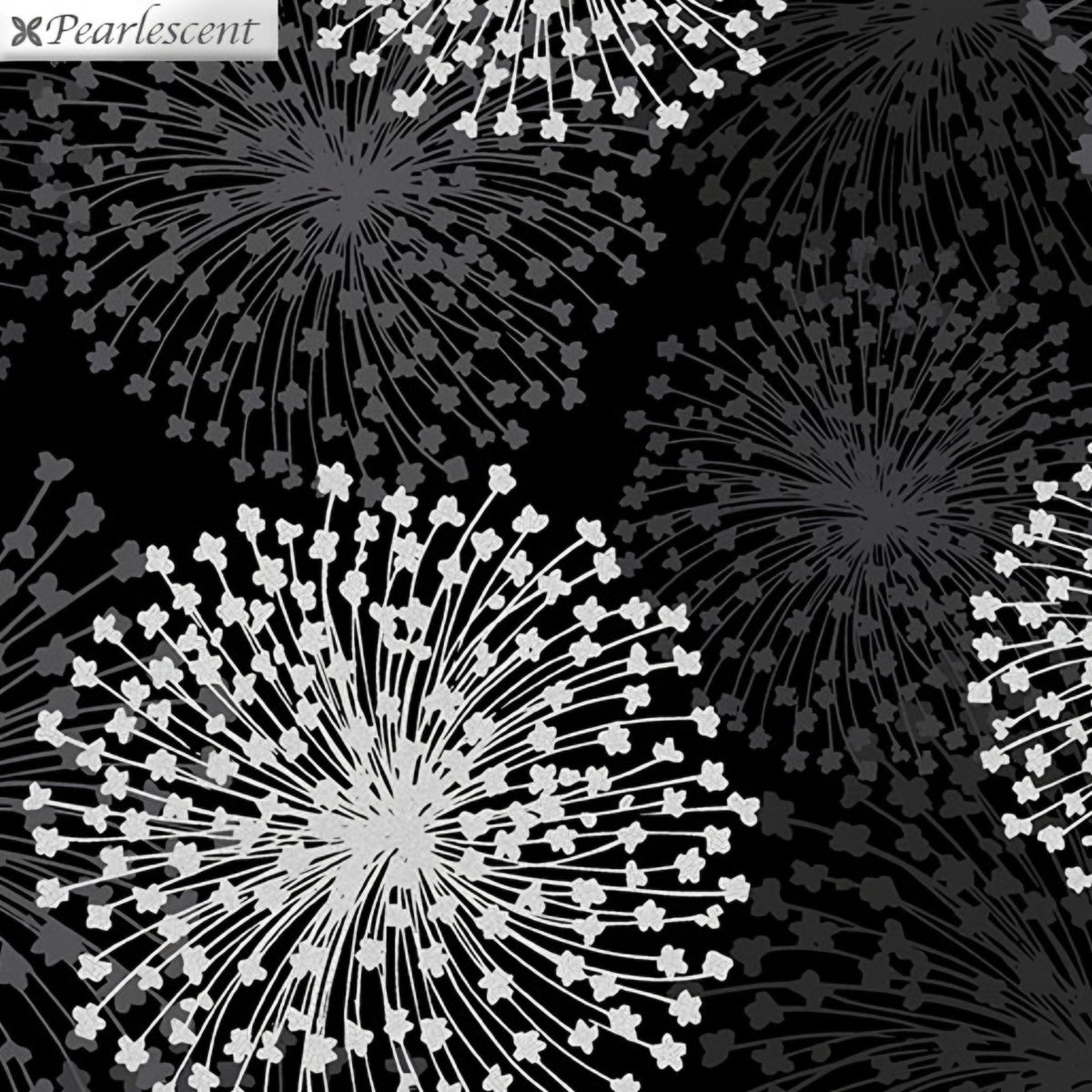 Pearlescent silver dandelion seed heads grey shadows black background fabric for elegant quilts cushion covers tote bags jacket linings and vests