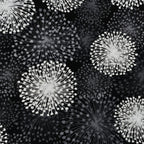 Pearlescent silver dandelion seed heads grey shadows black background fabric for elegant quilts cushion covers tote bags jacket linings and vests