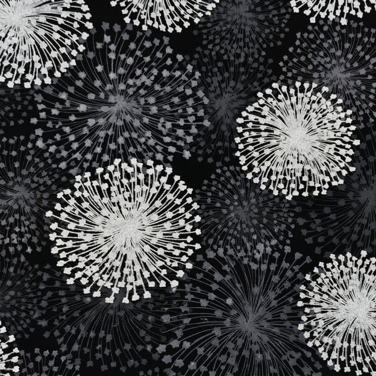 Pearlescent silver dandelion seed heads grey shadows black background fabric for elegant quilts cushion covers tote bags jacket linings and vests