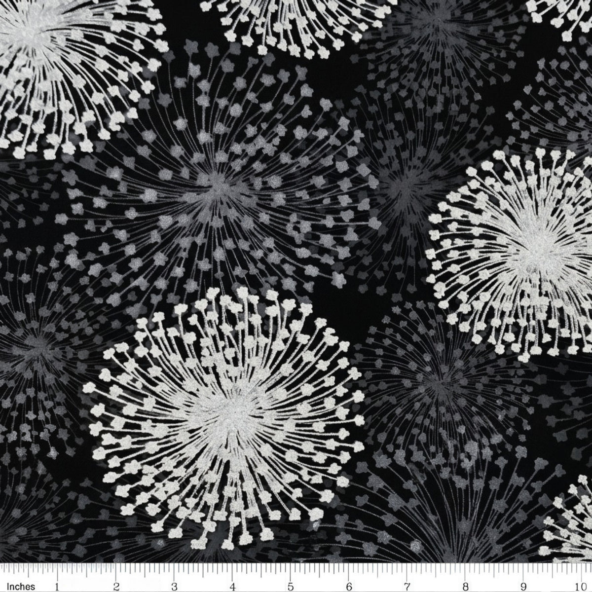 Pearlescent silver dandelion seed heads grey shadows black background fabric for elegant quilts cushion covers tote bags jacket linings and vests