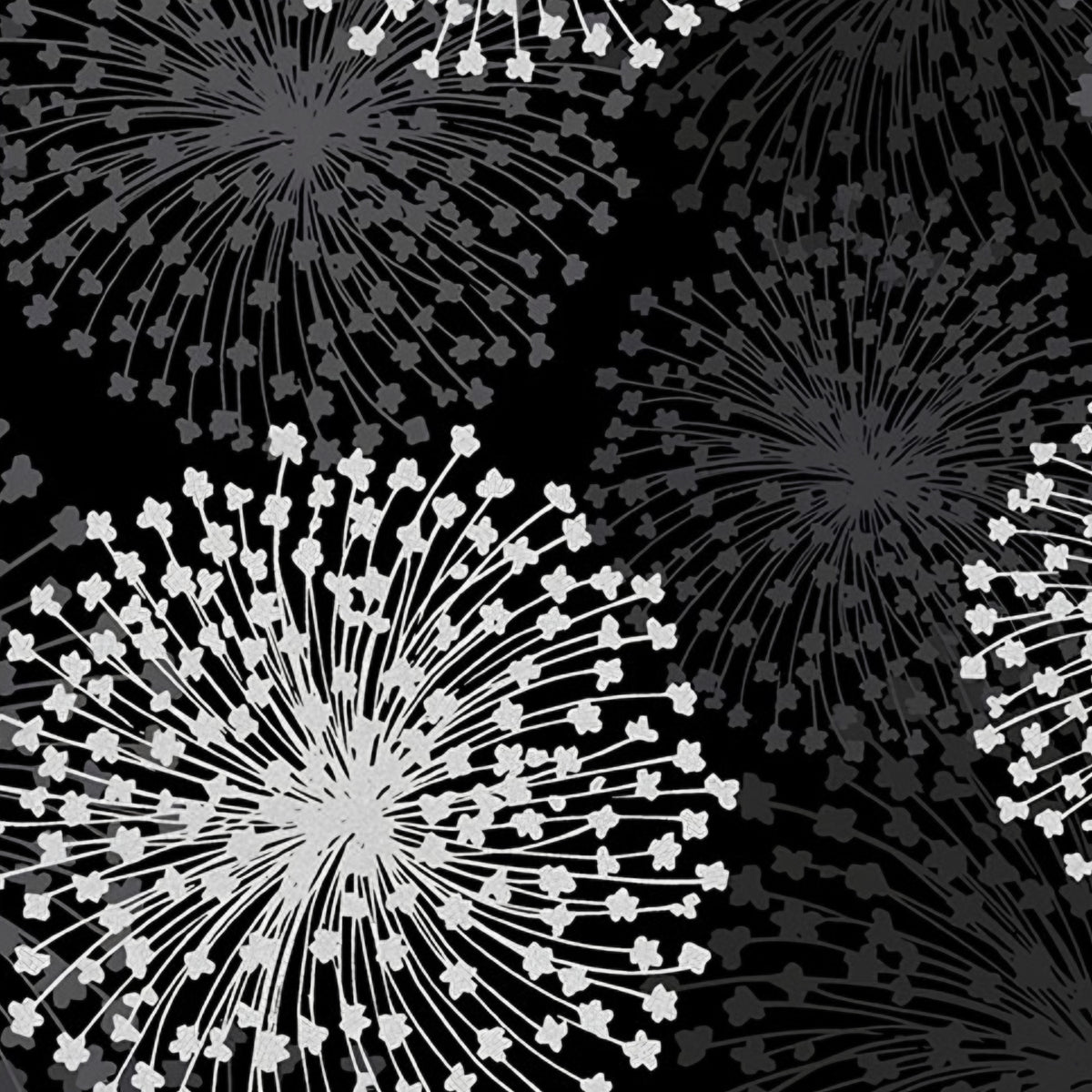 Pearlescent silver dandelion seed heads grey shadows black background fabric for elegant quilts cushion covers tote bags jacket linings and vests