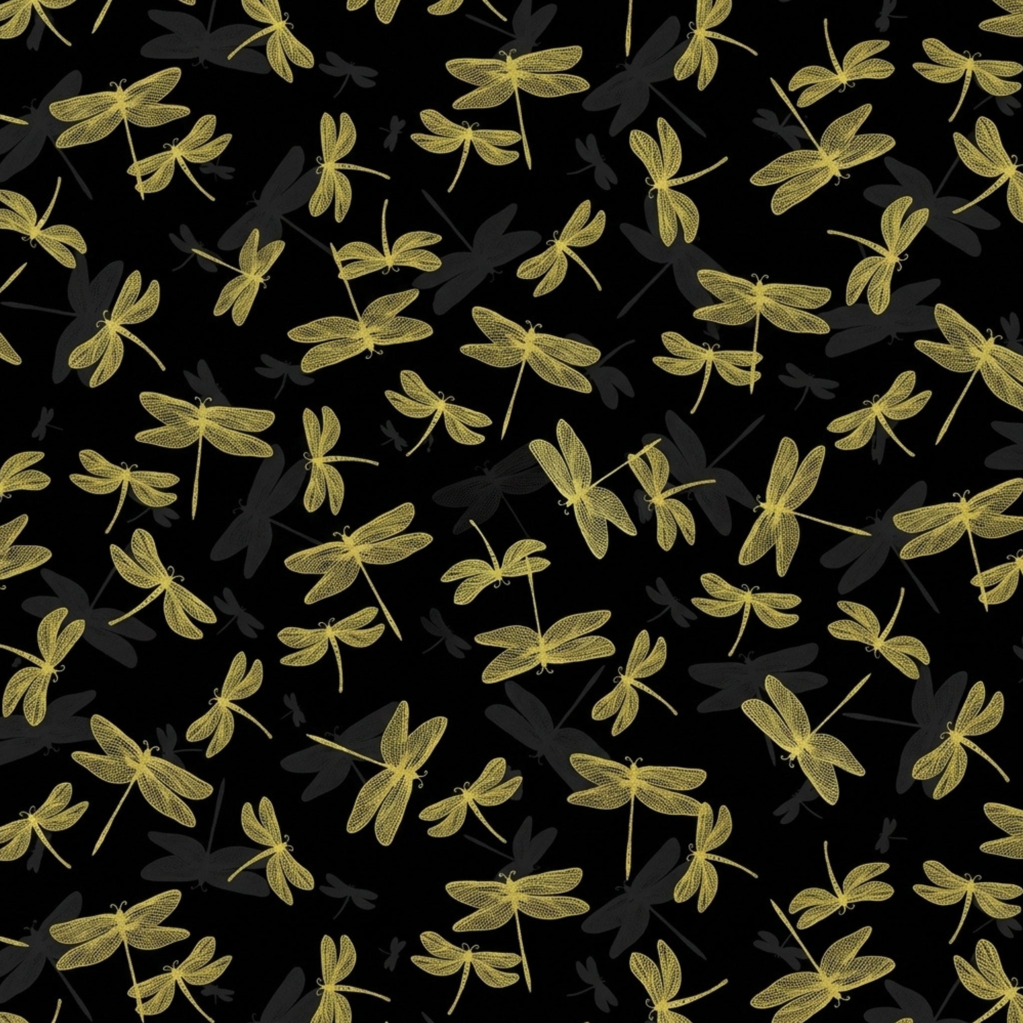 Pearlescent gold dragonfly lace wings black shadow fabric for elegant quilts cushion covers table runners and tote bags