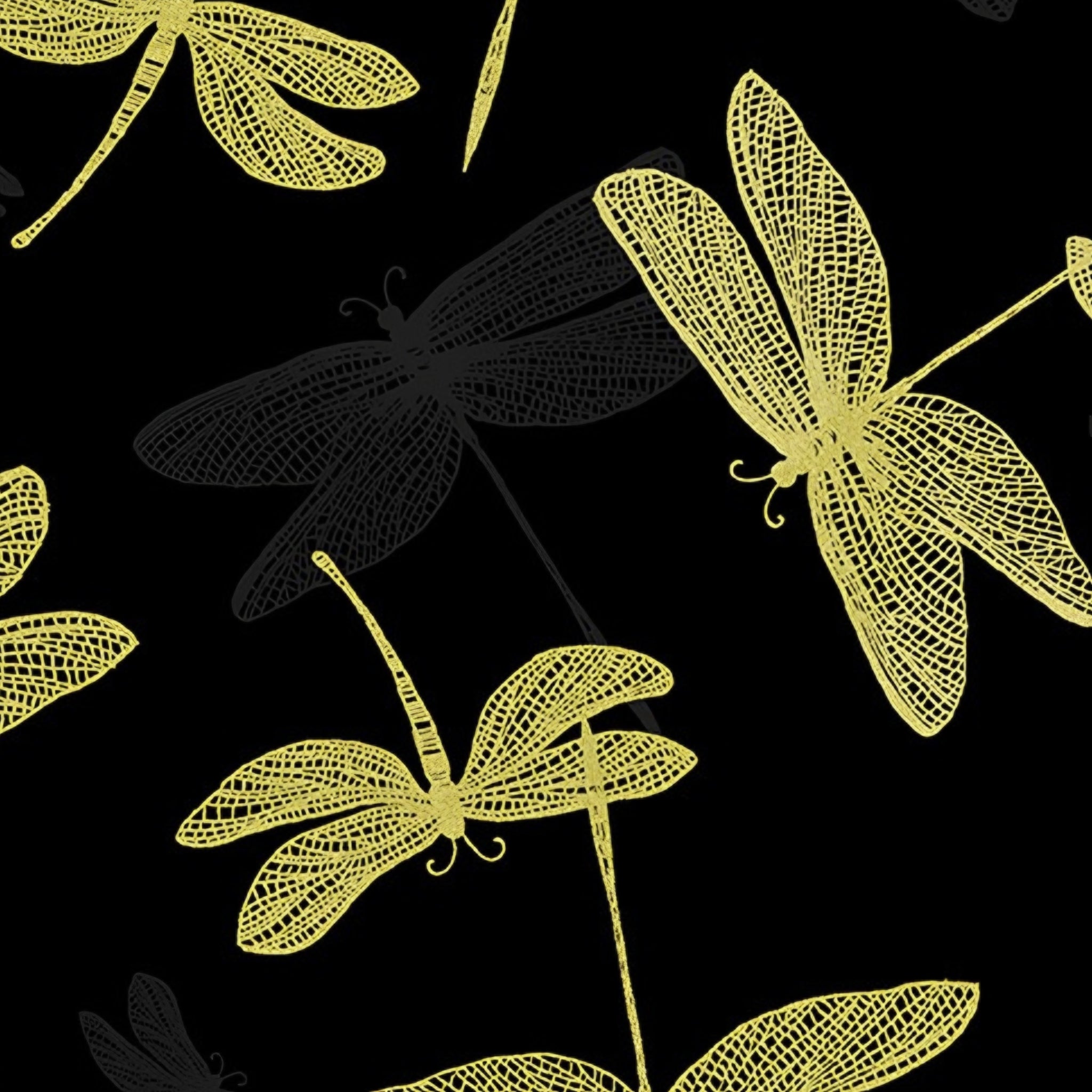 Pearlescent gold dragonfly lace wings black shadow fabric for elegant quilts cushion covers table runners and tote bags