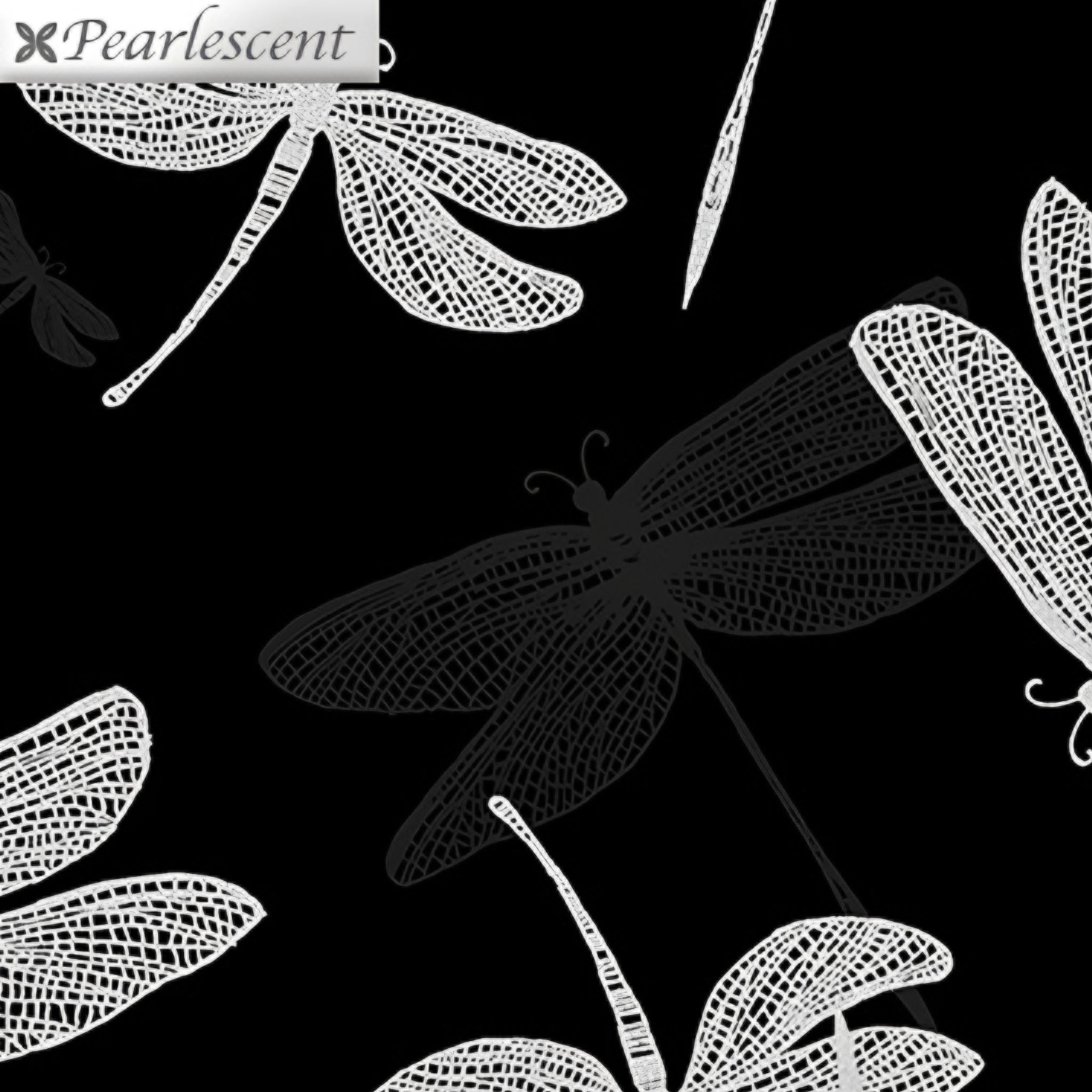 Pearlescent silver dragonfly lace wings black shadow fabric for elegant quilts cushion covers table runners and tote bags