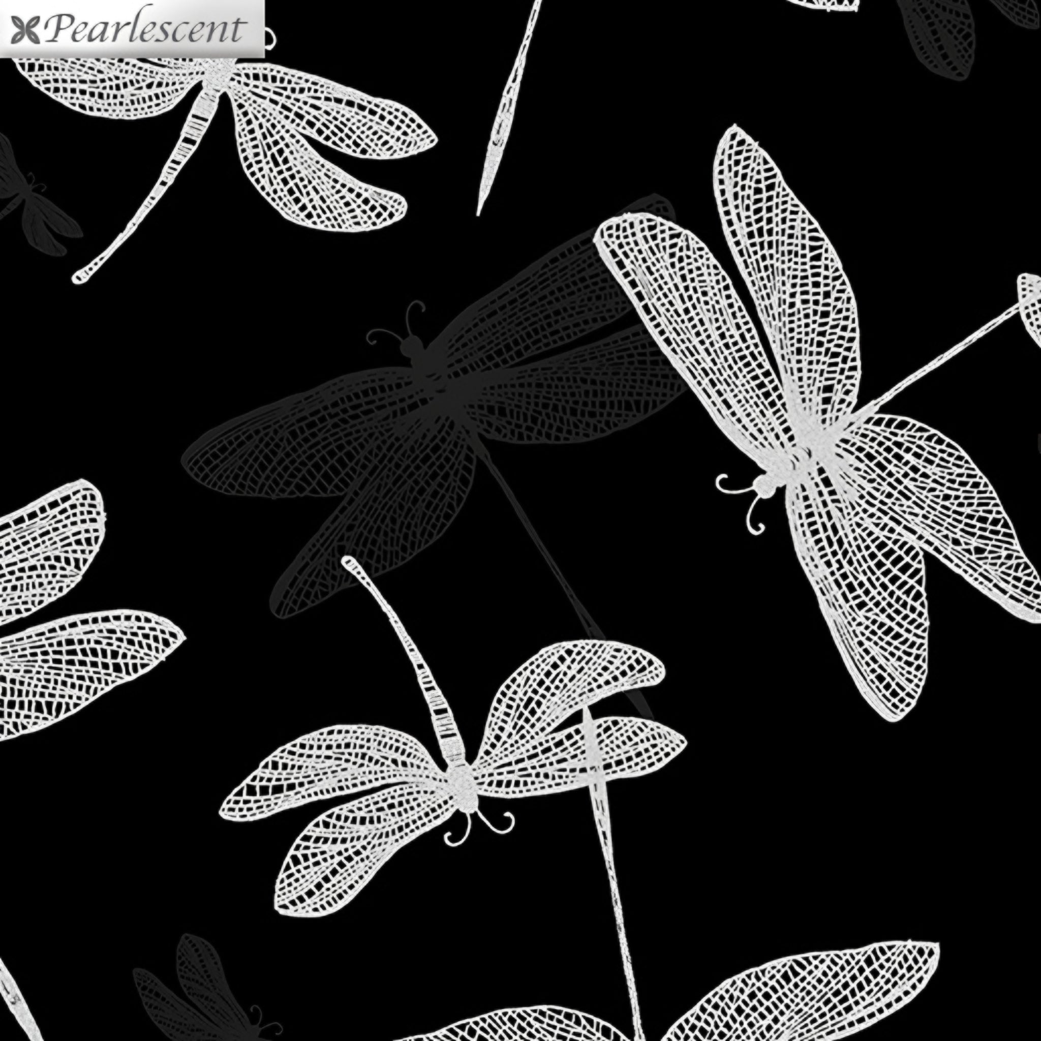 Pearlescent silver dragonfly lace wings black shadow fabric for elegant quilts cushion covers table runners and tote bags