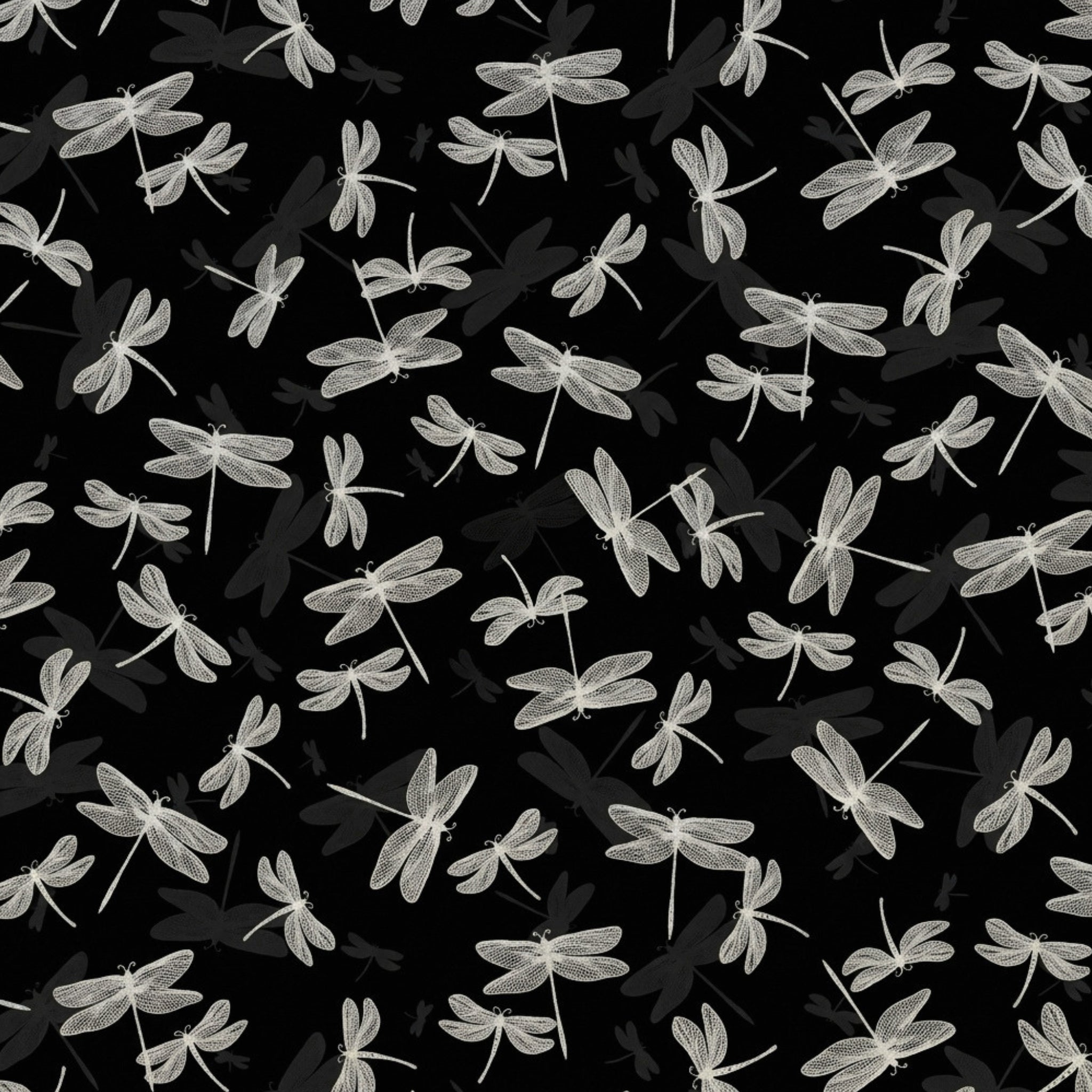 Pearlescent silver dragonfly lace wings black shadow fabric for elegant quilts cushion covers table runners and tote bags