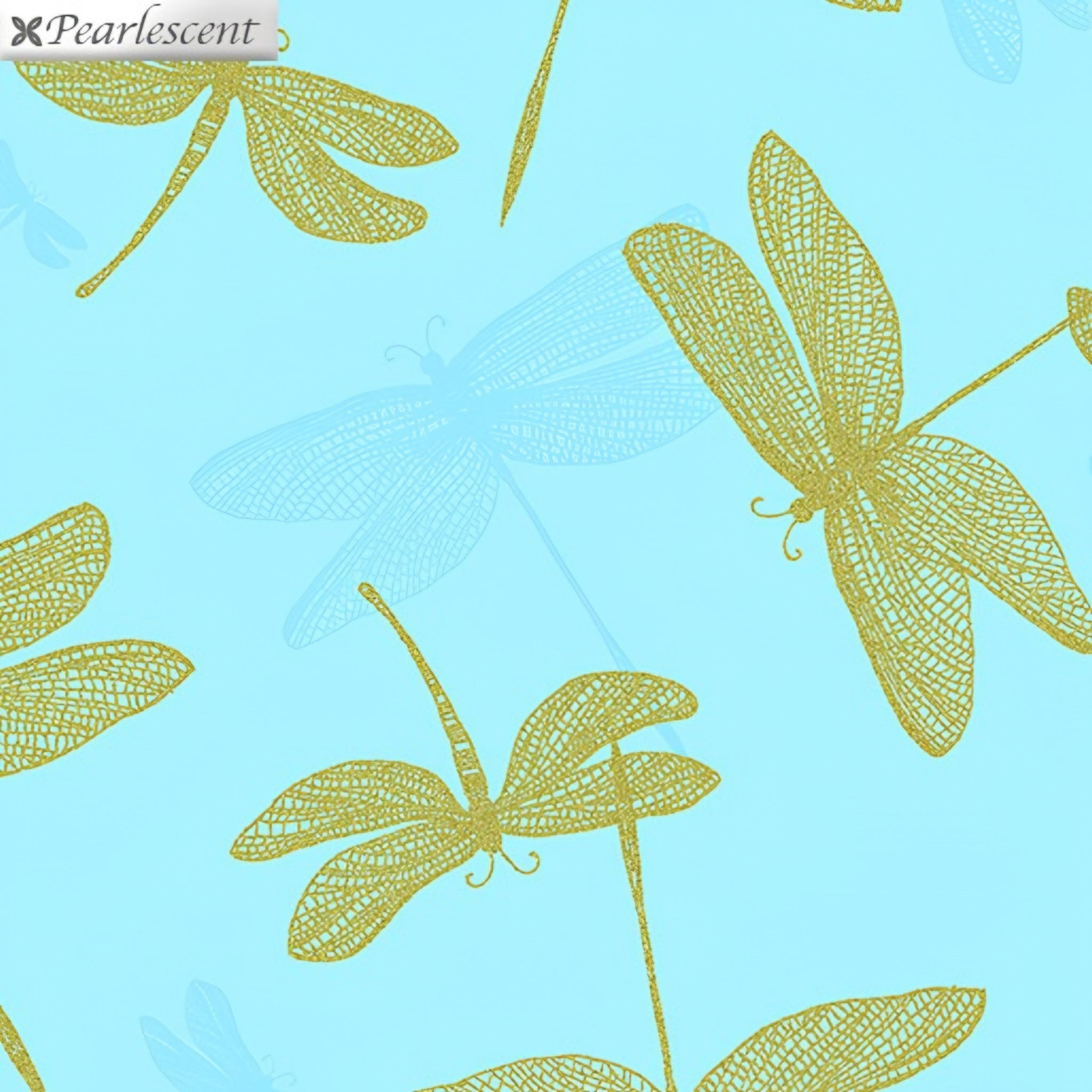 Pearlescent gold dragonfly lace wings turquoise blue shadow fabric for elegant quilts cushion covers table runners and tote bags