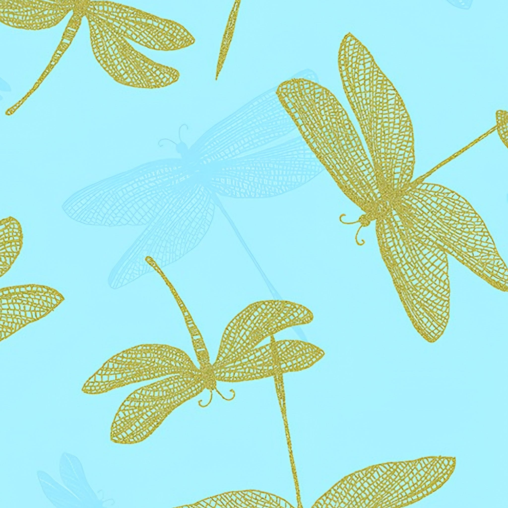 Pearlescent gold dragonfly lace wings turquoise blue shadow fabric for elegant quilts cushion covers table runners and tote bags
