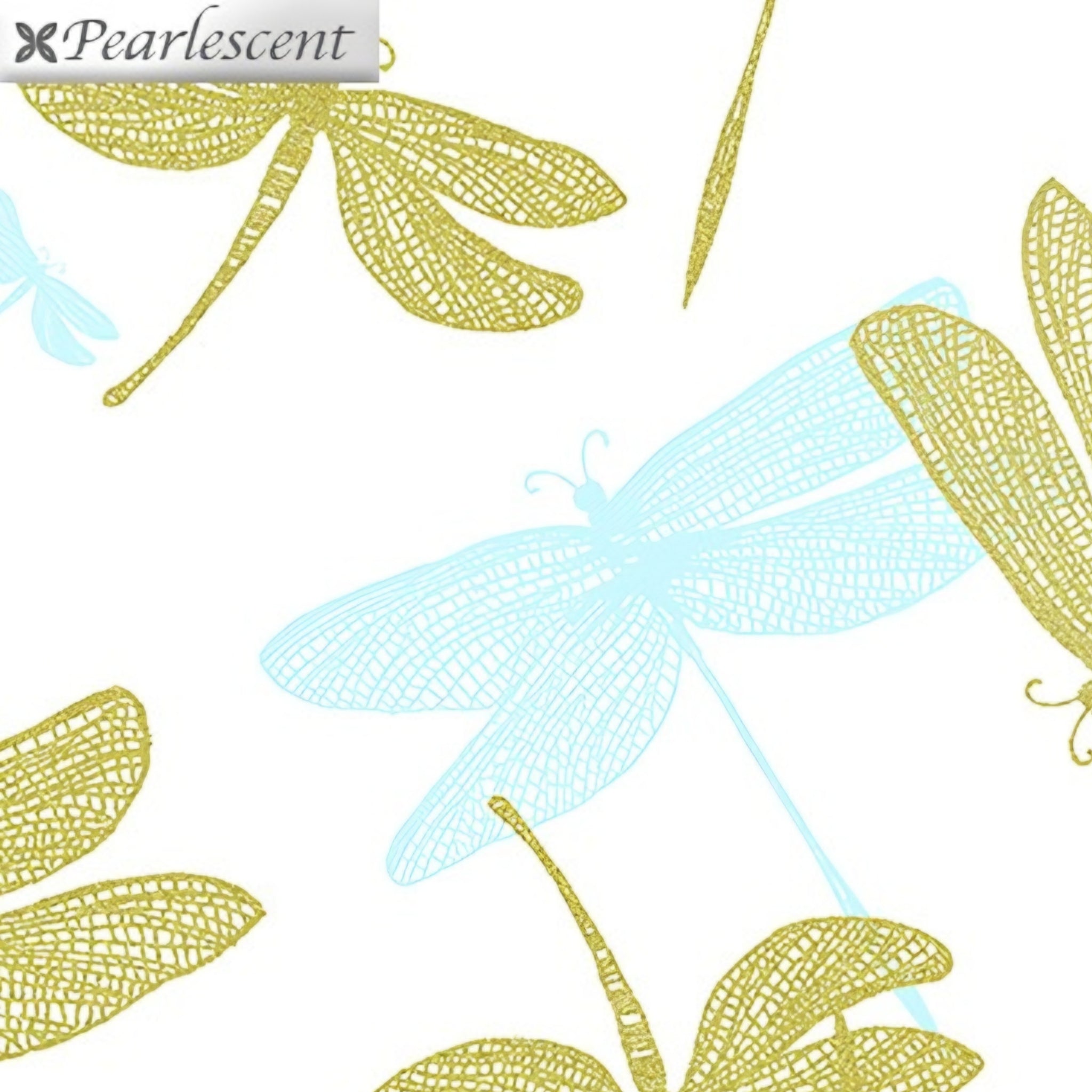 Pearlescent gold dragonfly lace wings white blue shadow fabric for elegant quilts cushion covers table runners and tote bags