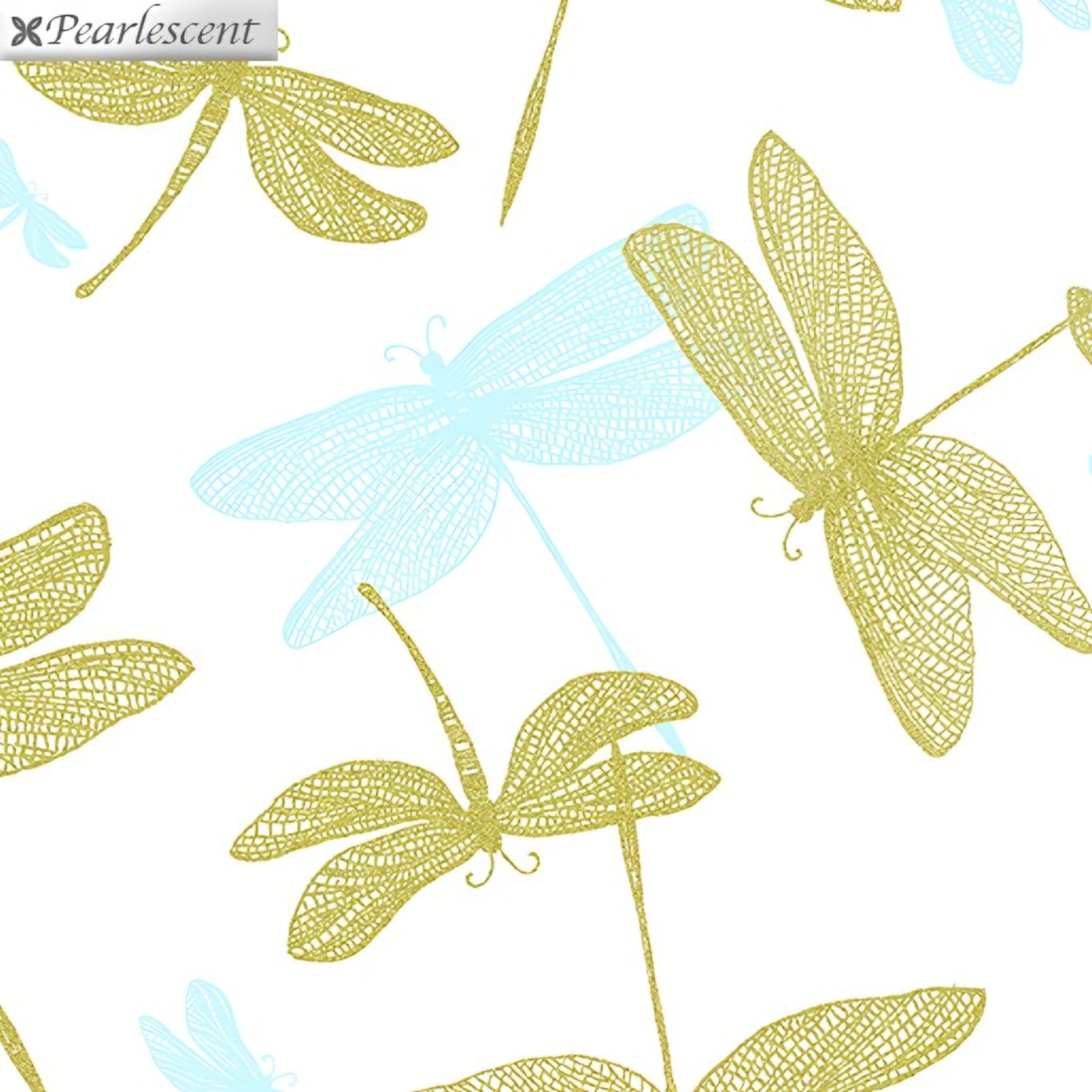 Pearlescent gold dragonfly lace wings white blue shadow fabric for elegant quilts cushion covers table runners and tote bags