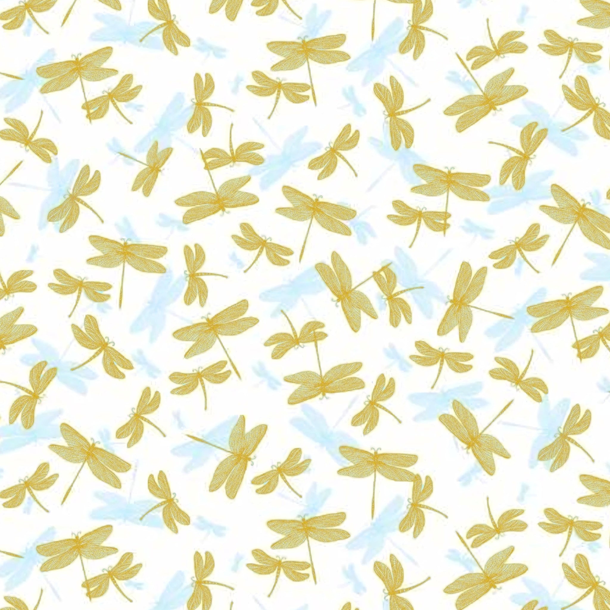 Pearlescent gold dragonfly lace wings white blue shadow fabric for elegant quilts cushion covers table runners and tote bags