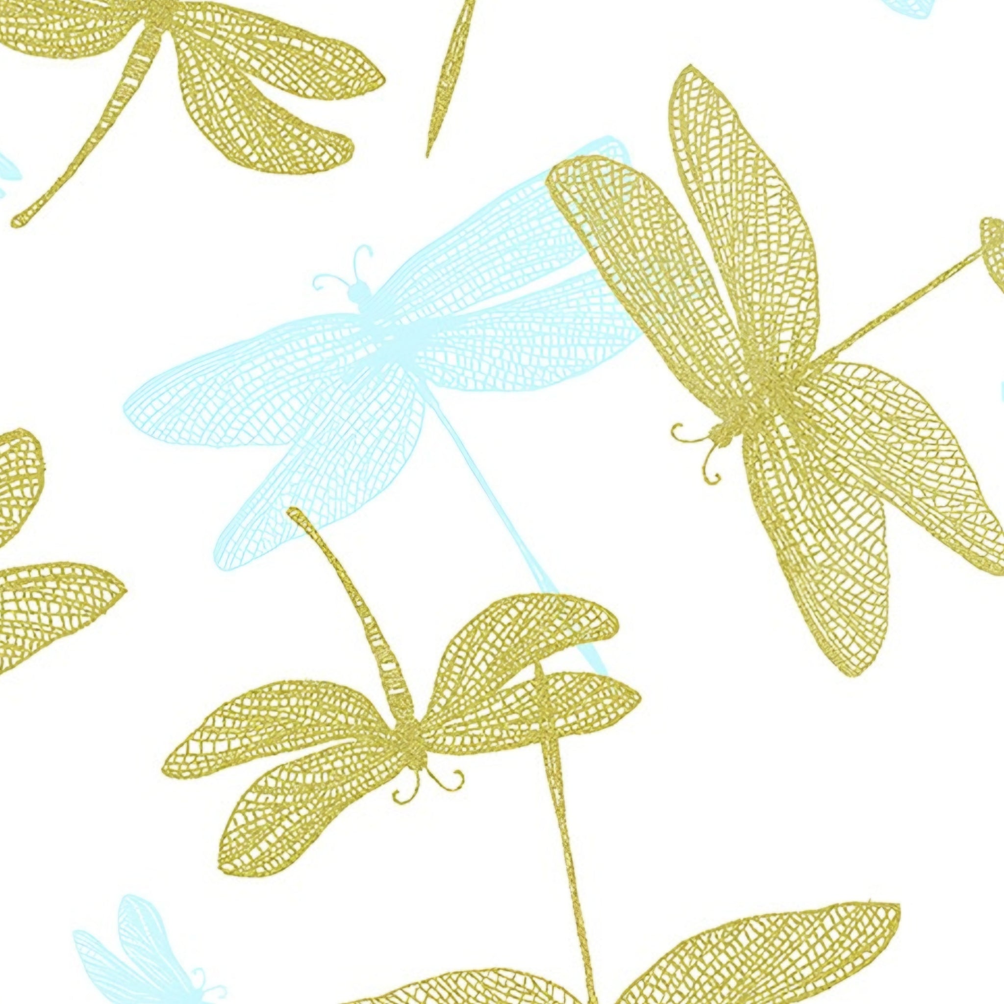 Pearlescent gold dragonfly lace wings white blue shadow fabric for elegant quilts cushion covers table runners and tote bags