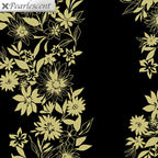Pearlescent gold floral stripe daisies sunflowers black background fabric for quilt borders sashing cushion covers tote bags jacket linings and vests