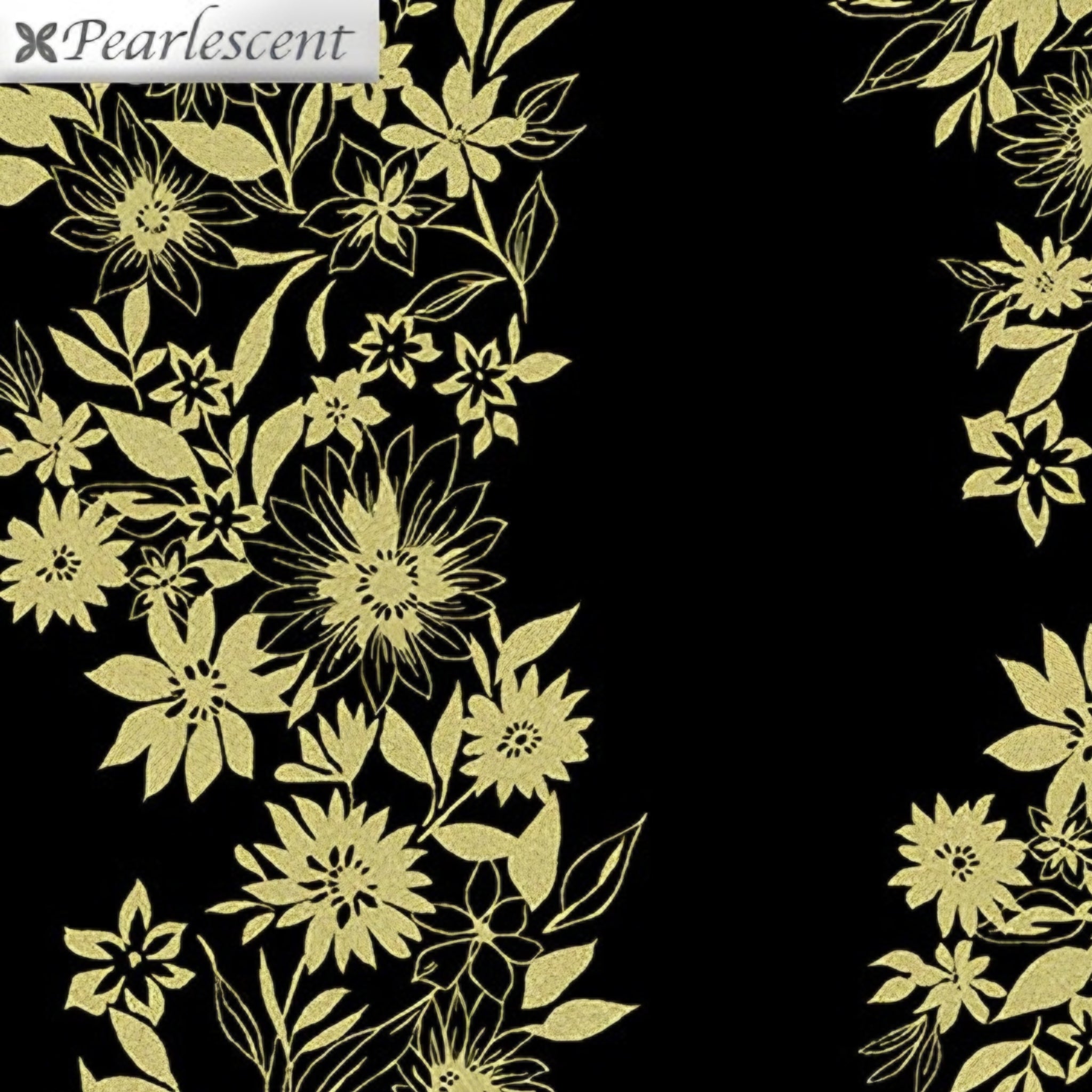 Pearlescent gold floral stripe daisies sunflowers black background fabric for quilt borders sashing cushion covers tote bags jacket linings and vests