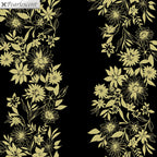 Pearlescent gold floral stripe daisies sunflowers black background fabric for quilt borders sashing cushion covers tote bags jacket linings and vests