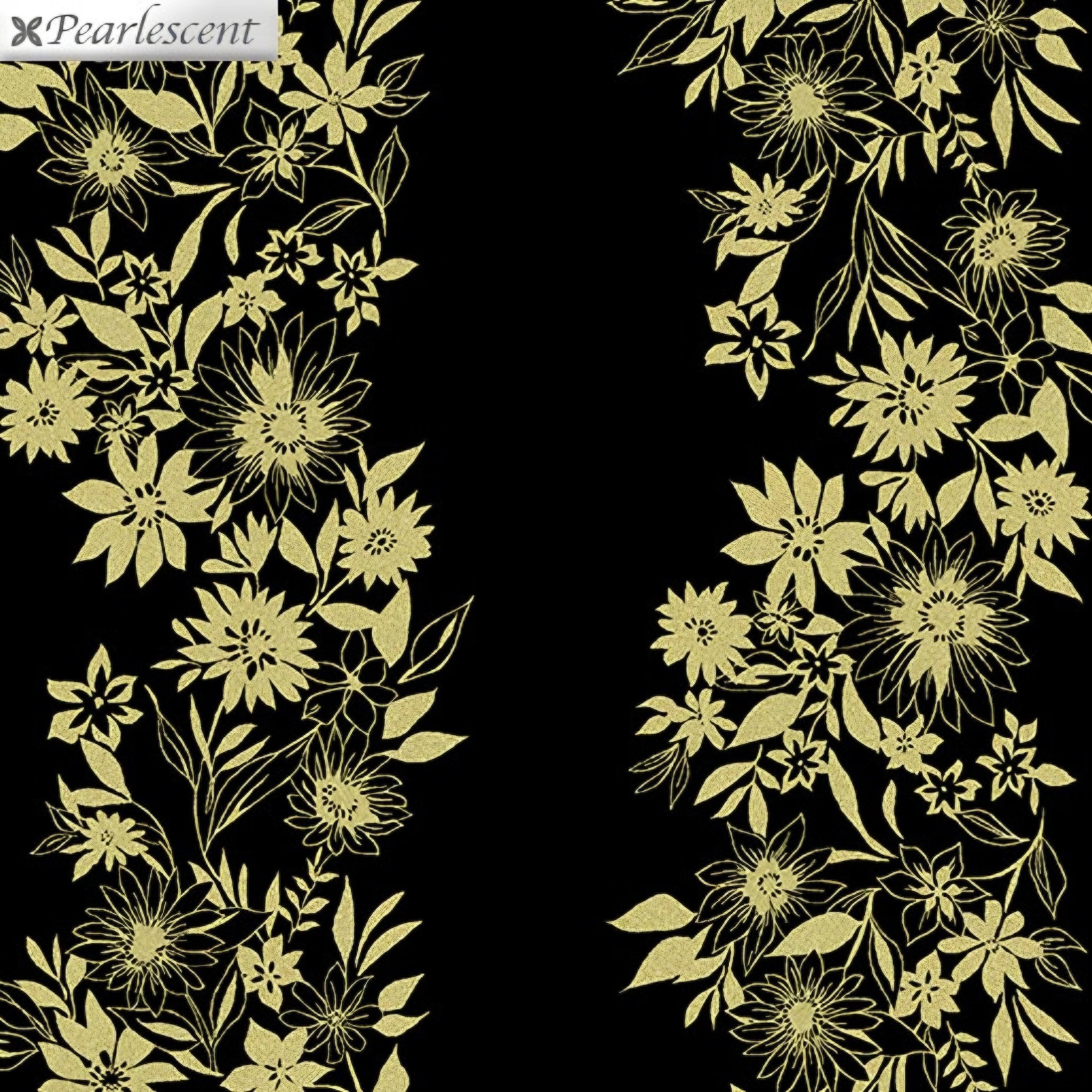 Pearlescent gold floral stripe daisies sunflowers black background fabric for quilt borders sashing cushion covers tote bags jacket linings and vests