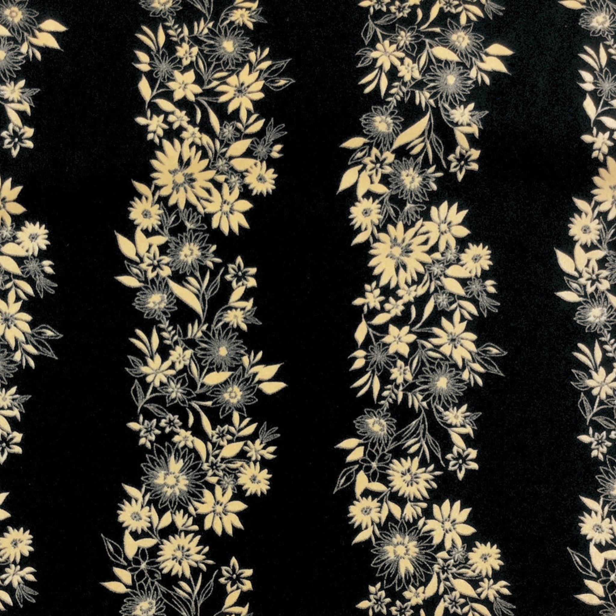 Pearlescent gold floral stripe daisies sunflowers black background fabric for quilt borders sashing cushion covers tote bags jacket linings and vests