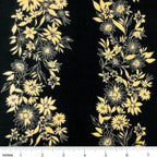 Pearlescent gold floral stripe daisies sunflowers black background fabric for quilt borders sashing cushion covers tote bags jacket linings and vests