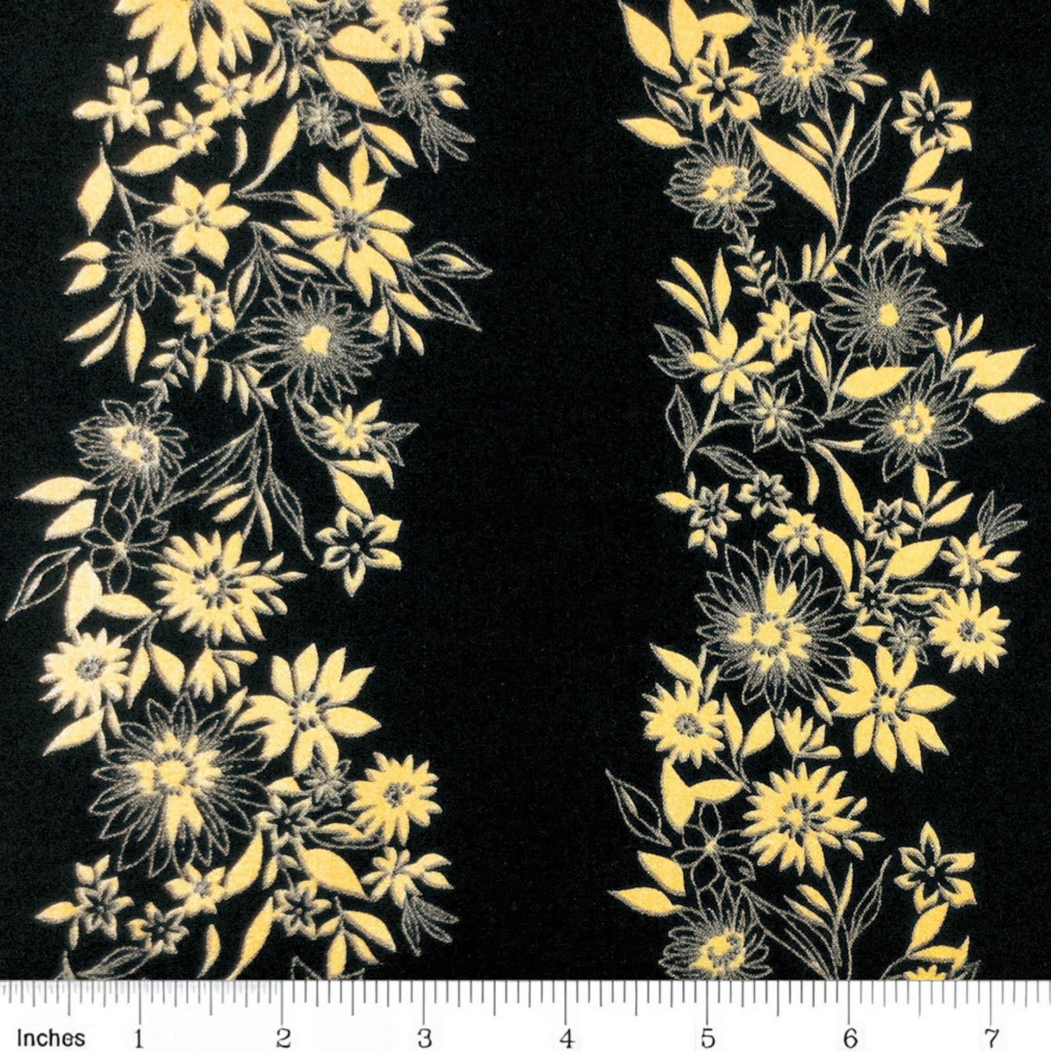 Pearlescent gold floral stripe daisies sunflowers black background fabric for quilt borders sashing cushion covers tote bags jacket linings and vests
