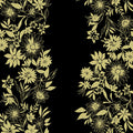 Pearlescent gold floral stripe daisies sunflowers black background fabric for quilt borders sashing cushion covers tote bags jacket linings and vests