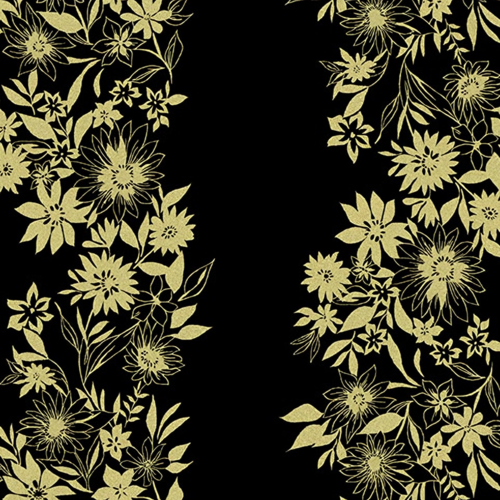 Pearlescent gold floral stripe daisies sunflowers black background fabric for quilt borders sashing cushion covers tote bags jacket linings and vests