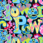 Retro flower power love peace black pink blue yellow fabric for 60s themed quilts bags patchwork sewing projects