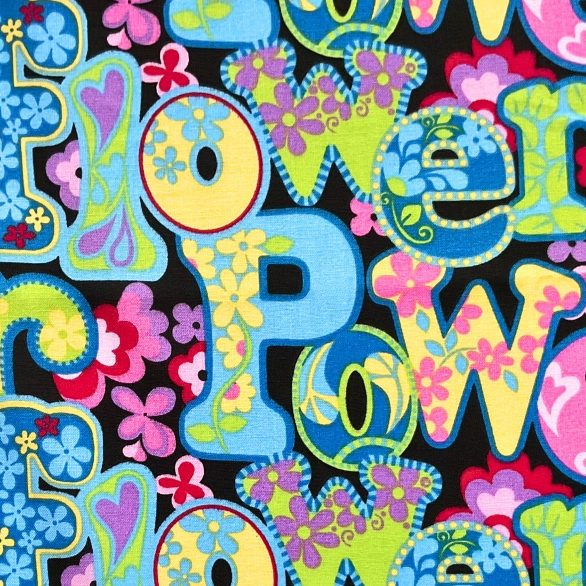 Retro flower power love peace black pink blue yellow fabric for 60s themed quilts bags patchwork sewing projects