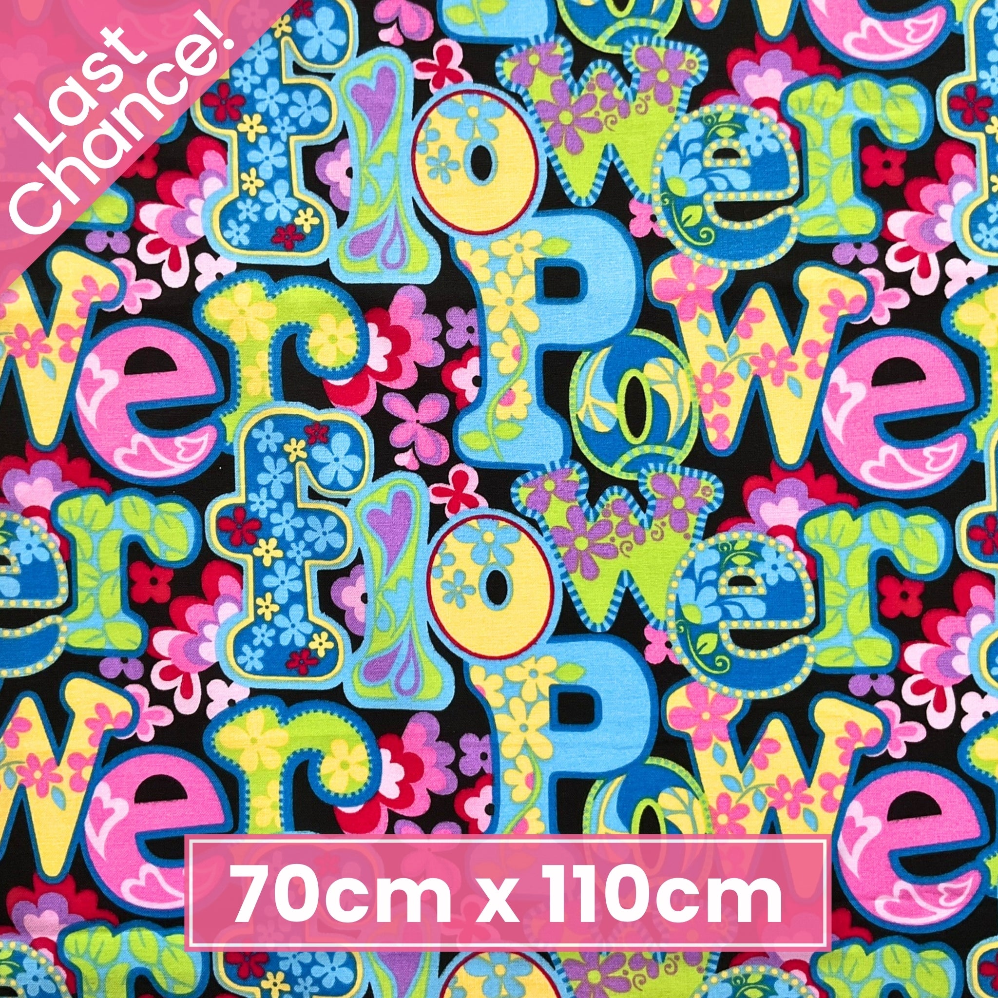 Retro flower power love peace black pink blue yellow fabric for 60s themed quilts bags patchwork sewing projects