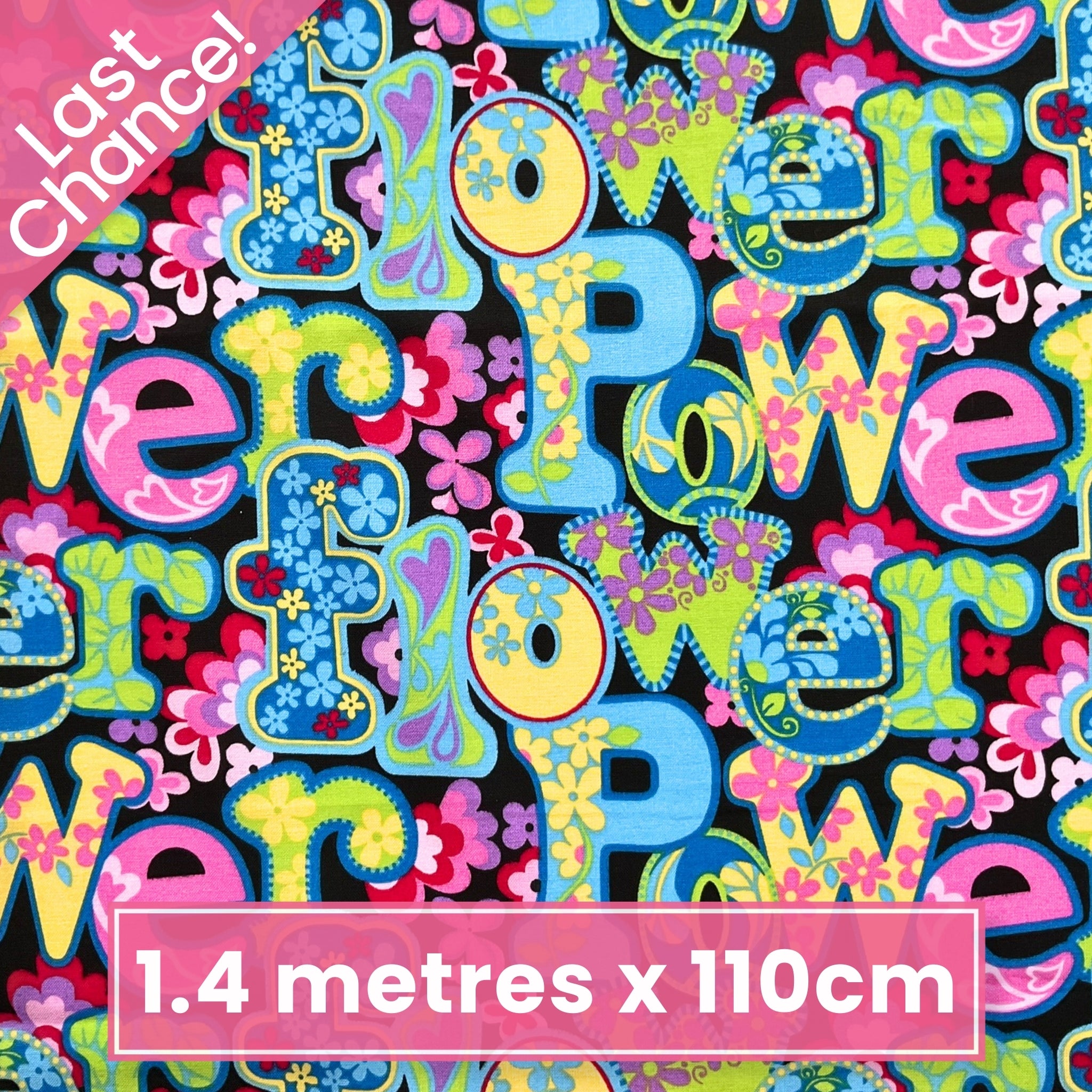 Retro flower power words love peace fabric for 60s themed quilts bags patchwork sewing projects