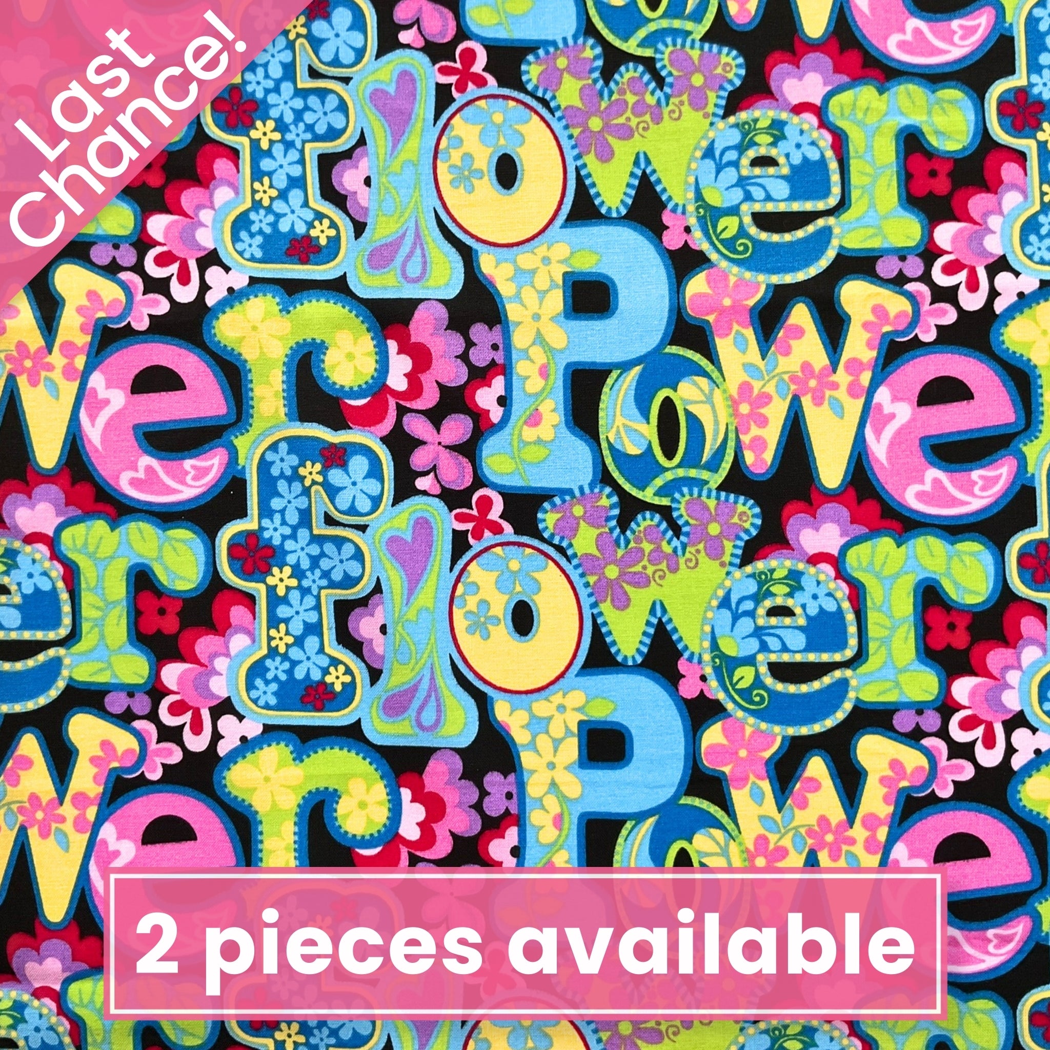 Retro flower power words love peace fabric for sixties themed quilts bags patchwork sewing projects