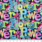 Retro flower power love peace black pink blue yellow fabric for 60s themed quilts bags patchwork sewing projects